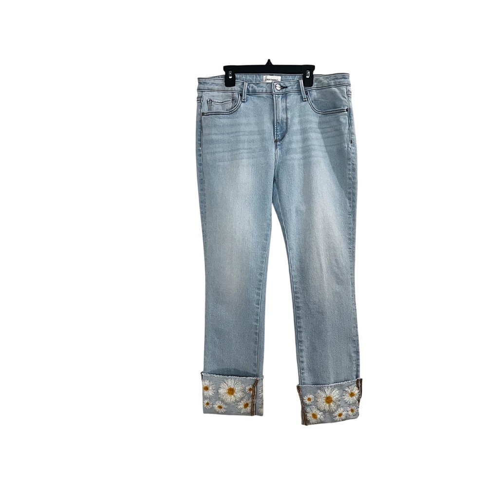 Driftwood Colette Daisy Embroidered Cuff Light Wash Straight Leg Jeans Womens 10
